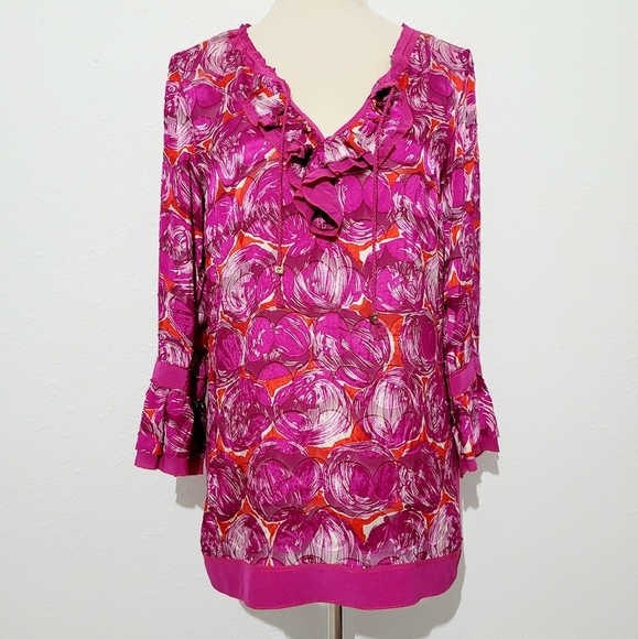 TORY BURCH Woman's Tunic Blouse Geometric Print Silk Blend 3/4 Sleeve Size 8 - Picture 1 of 11